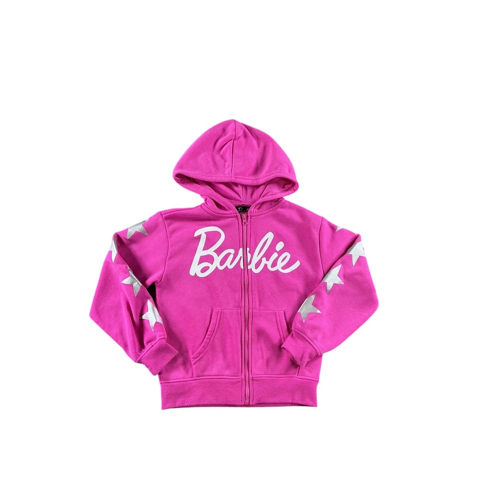 Barbie Girls Pink Full Zip Hoodie Star Sleeve Graphic Sweatshirt Size 7/8